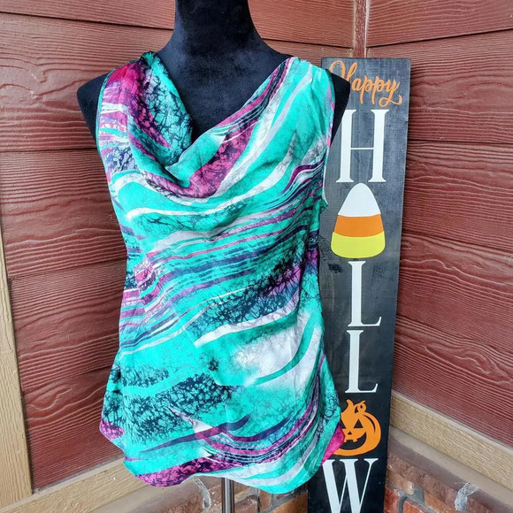 Elementz Abstract Multicolor Sleeveless Silky Draped Collar Blouse Women's Small - Picture 13 of 15